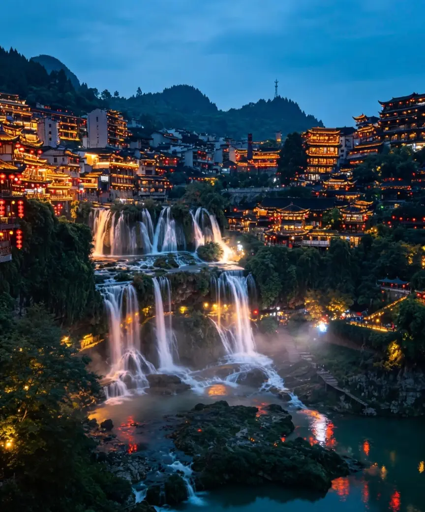 Stunning night view of Furong Ancient Town (Hibiscus Town), showcasing illuminated traditional stilted buildings surrounding a giant cascading waterfall, with lights reflecting on the water.