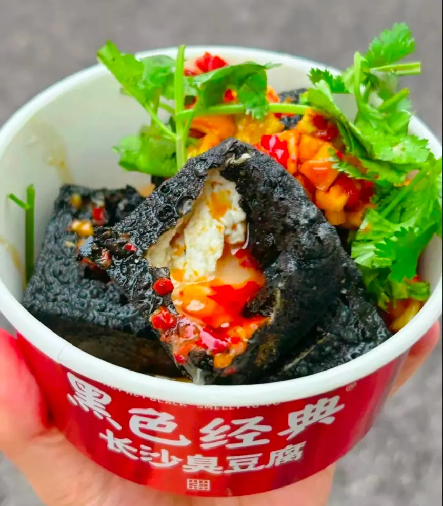 Changsha black stinky tofu from Heise Jingdian, a well-known local street food.