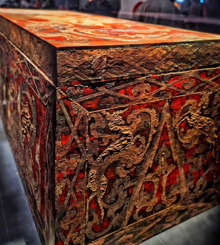 An ancient lacquer coffin from the Mawangdui Han Tombs collection displayed at Hunan Museum in Changsha.