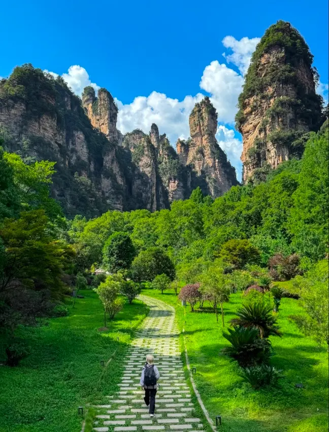 Panoramic entry view of Golden Whip Stream, showing lush green valley greenery and visitors entering the canyon trail.