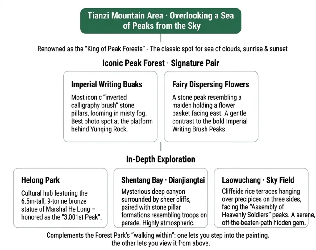 An English overview map of Tianzi Mountain Scenic Area in Wulingyuan, showing key highlights including Imperial Writing Brush Peaks, Fairy Dispersing Flowers, Helong Park, Shentang Bay, and Laowuchang Sky Field.
