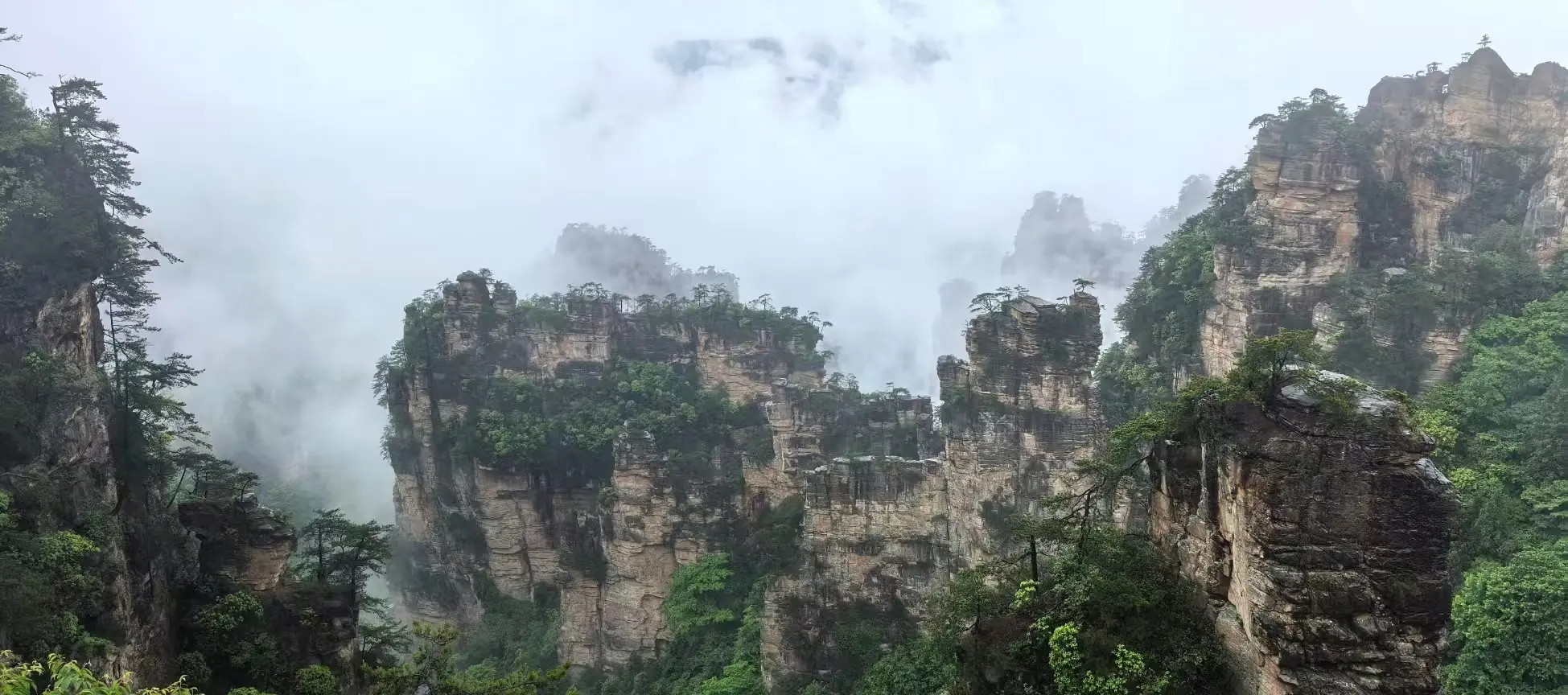 A breathtaking misty view of the Natural Great Wall peak wall formations shrouded in heavy fog at Yangjiajie, Wulingyuan
