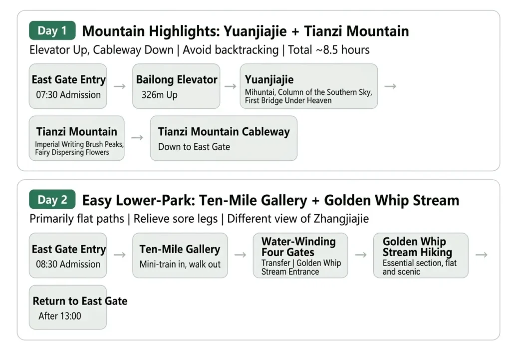 A route map for a classic Zhangjiajie 2-day itinerary at a comfortable pace, covering Wulingyuan highlights like Yuanjiajie, Tianzi Mountain, and Golden Whip Stream.
