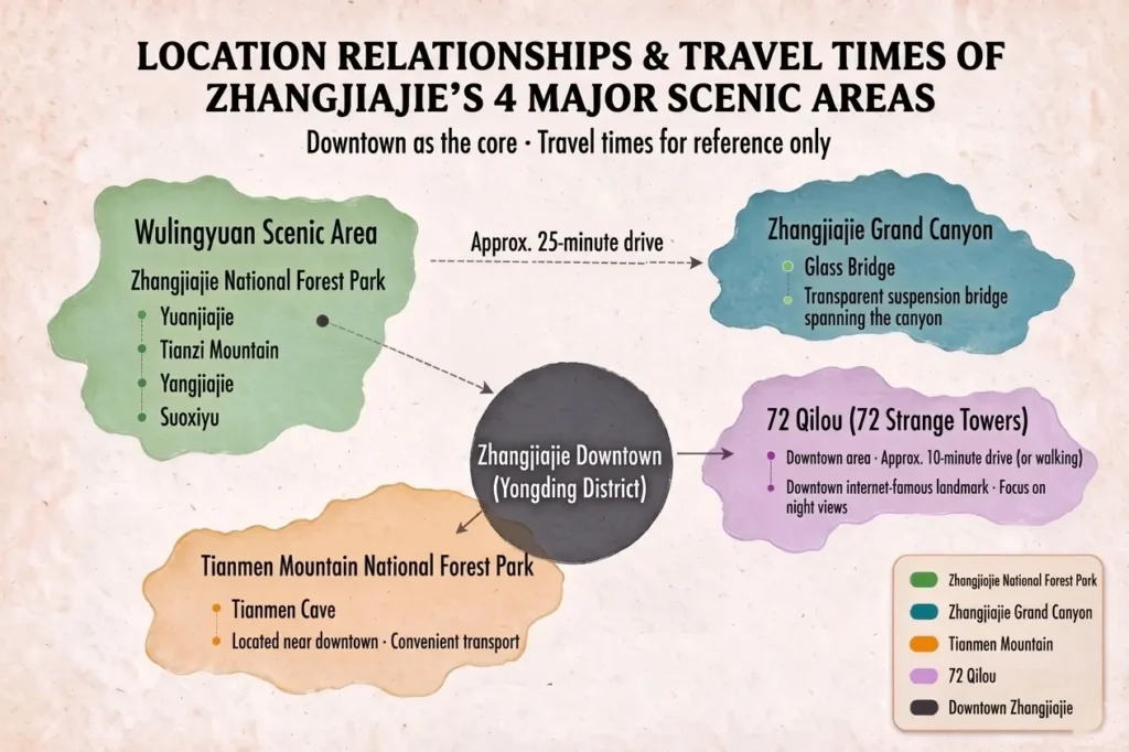 Location map of 4 major scenic areas in Zhangjiajie showing drive times between Wulingyuan National Forest Park, Tianmen Mountain, Grand Canyon Glass Bridge, 72 Strange Towers, and Downtown Zhangjiajie.