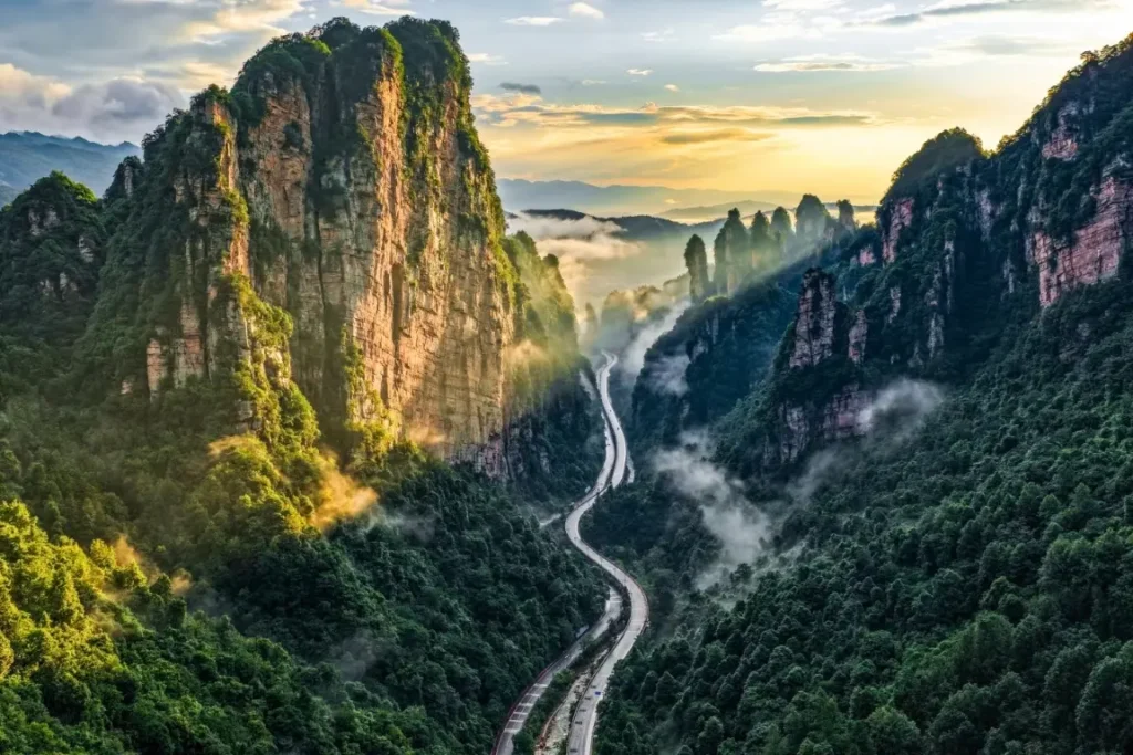 Aerial view of Baizhang Canyon illuminated by morning sunlight in Suoxiyu Scenic Area