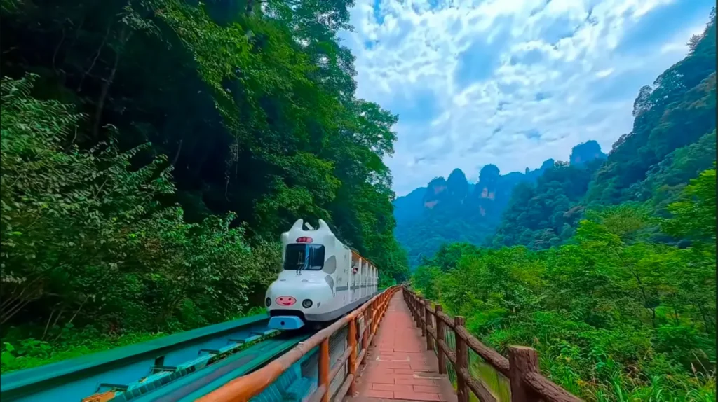 Sightseeing train carrying tourists through the Ten-Mile Gallery valley in Suoxiyu, Zhangjiajie