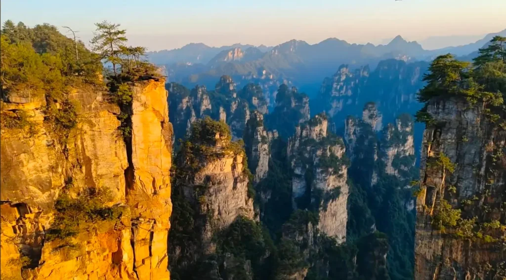Panoramic view of sandstone pillars lined up like soldiers from the Commanding Platform at Tianzi Mountain