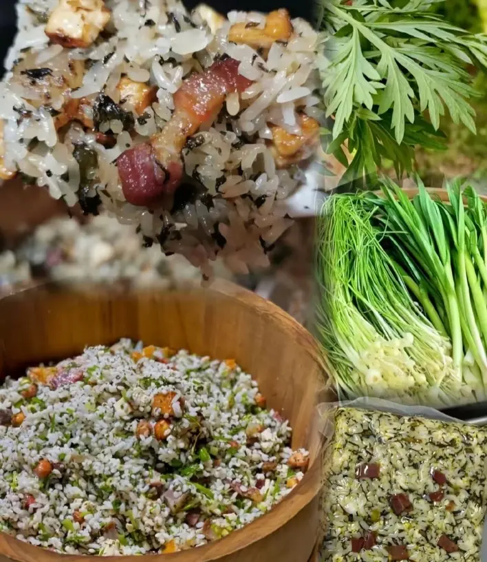Close-up of traditional Tujia ethnic She Rice (社饭), a fragrant Zhangjiajie dish mixed with wild mugwort, cured pork, and glutinous rice.